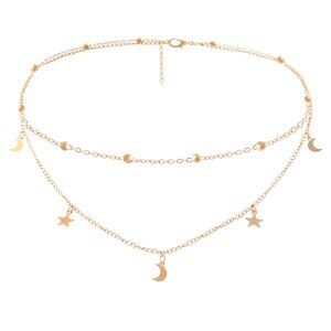 Fashion Layering Star Moon Charm Pendant Tassel Necklace 14K Gold